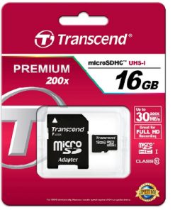 Thẻ nhớ microSD 16 GB Transcend's microSDHC Class 10 (Premium) 200x with adapter