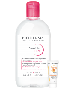 Bộ đôi chăm sóc da Bioderma tẩy trang Sensibio H2O Micellar 500ml & kem chống nắng Photoderm AKN Mat cho da dầu mụn 5ml